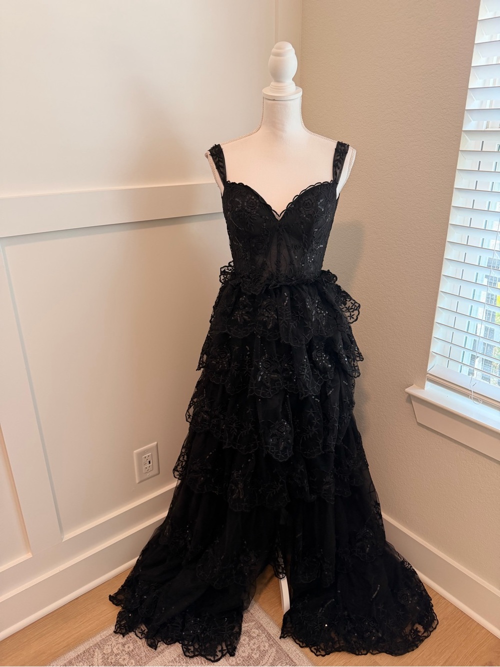 Elegant Black Floral Sequin Tiered Gown